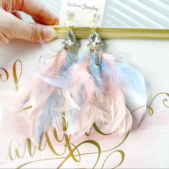 Winona Feather Pastel Crystal Drop Gold Earrings - Picture 3 of 7